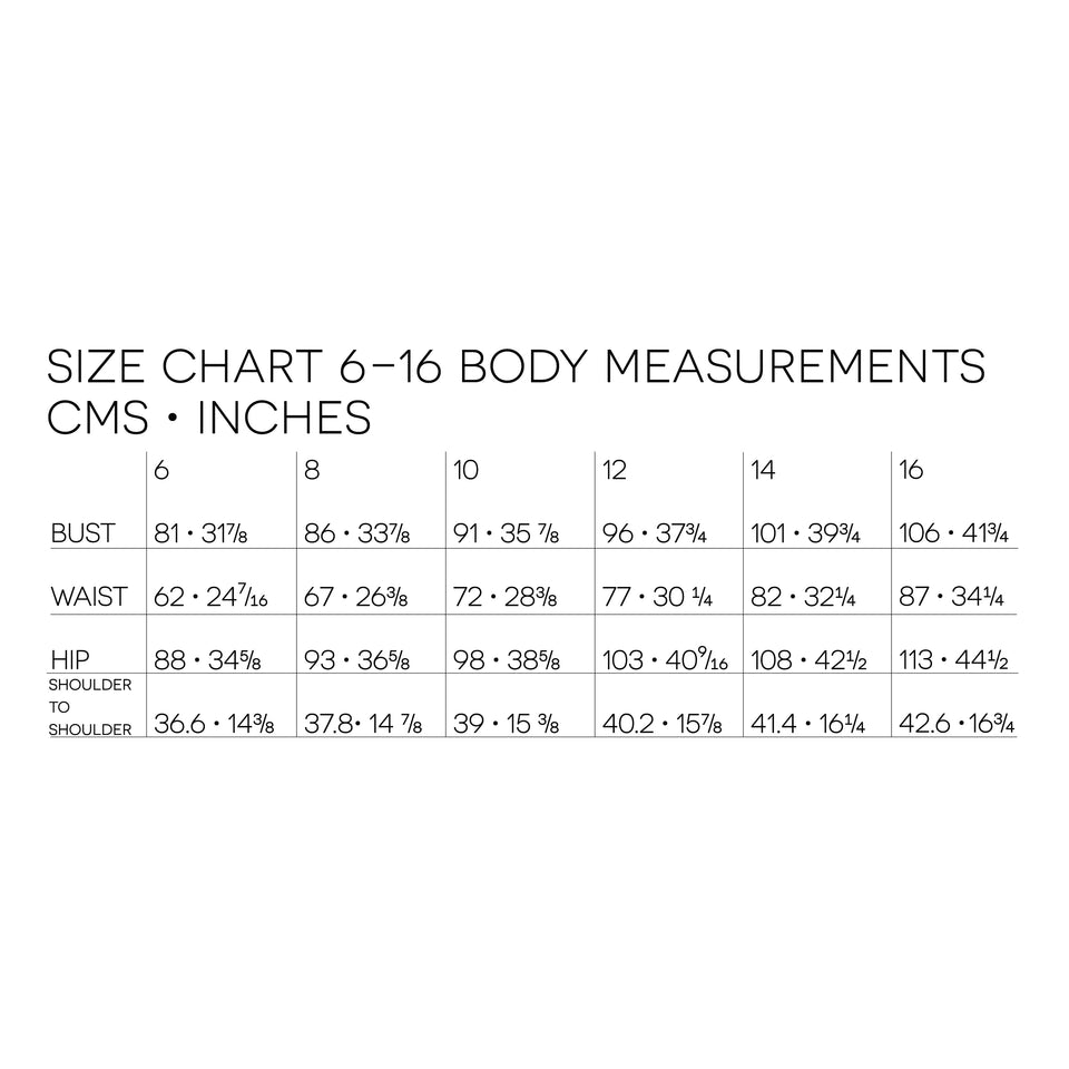 6-16 size chart Falda 